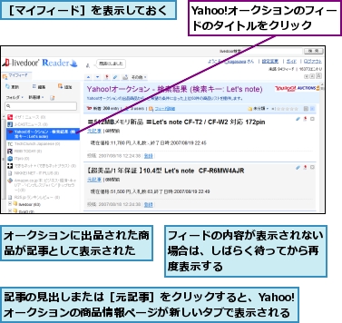 Yahoo!オークションのフィードのタイトルをクリック,オークションに出品された商品が記事として表示された,フィードの内容が表示されない場合は、しばらく待ってから再度表示する,記事の見出しまたは［元記事］をクリックすると、Yahoo!オークションの商品情報ページが新しいタブで表示される,［マイフィード］を表示しておく