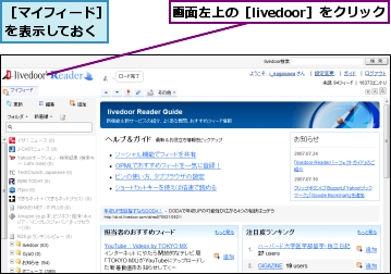 画面左上の［livedoor］をクリック,［マイフィード］を表示しておく