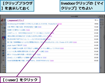 livedoorクリップの［マイクリップ］でもよい,［○user］をクリック,［クリップブラウザ］を表示しておく