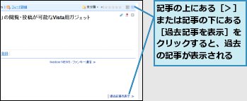 記事の上にある［＞］または記事の下にある［過去記事を表示］をクリックすると、過去の記事が表示される