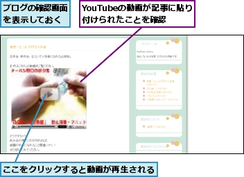 YouTubeの動画が記事に貼り付けられたことを確認,ここをクリックすると動画が再生される,ブログの確認画面を表示しておく