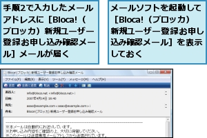 メールソフトを起動して［Bloca!（ブロッカ）新規ユーザー登録お申し込み確認メール］を表示しておく,手順2で入力したメールアドレスに［Bloca!（ブロッカ）新規ユーザー登録お申し込み確認メール］メールが届く