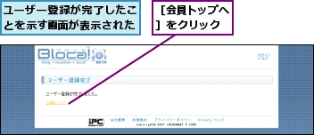 ユーザー登録が完了したことを示す画面が表示された,［会員トップへ］をクリック