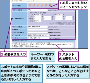 1 地図に表示したいアイコンをクリック,2 必要事項を入力,3 スポットの説明を入力,キーワードは3つまで入力できる,スポットの名称や詳細情報は、読者がそのスポットを訪れるときの参考になるようにできるだけ詳しく入力する,スポットの説明にはどんな場所なのか、どんなところがおすすめなのか詳しく入力する