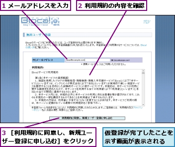 1 メールアドレスを入力,2 利用規約の内容を確認,3 ［利用規約に同意し、新規ユーザー登録に申し込む］をクリック,仮登録が完了したことを示す画面が表示される