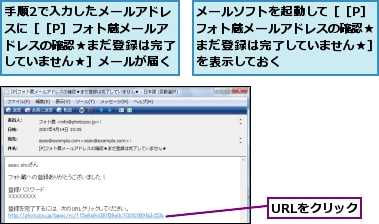 URLをクリック,メールソフトを起動して［［P］フォト蔵メールアドレスの確認★まだ登録は完了していません★］を表示しておく,手順2で入力したメールアドレスに［［P］フォト蔵メールアドレスの確認★まだ登録は完了していません★］メールが届く