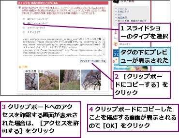 1 スライドショーのタイプを選択,2 ［クリップボードにコピーする］をクリック,3 クリップボードへのアクセスを確認する画面が表示された場合は、［アクセスを許可する］をクリック,4 クリップボードにコピーしたことを確認する画面が表示されるので［OK］をクリック,タグの下にプレビューが表示された