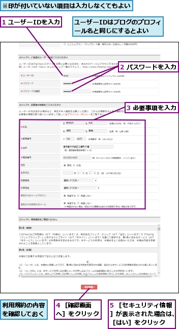 1 ユーザーIDを入力,2 パスワードを入力,3 必要事項を入力,4 ［確認画面へ］をクリック,5 ［セキュリティ情報］が表示された場合は、［はい］をクリック,※印が付いていない項目は入力しなくてもよい,ユーザーIDはブログのプロフィール名と同じにするとよい,利用規約の内容を確認しておく