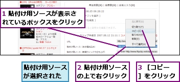 1 貼付け用ソースが表示されているボックスをクリック,2 貼付け用ソースの上で右クリック,3 ［コピー］をクリック,貼付け用ソースが選択された