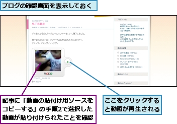 ここをクリックすると動画が再生される,ブログの確認画面を表示しておく,記事に「動画の貼付け用ソースをコピーする」の手順2で選択した動画が貼り付けられたことを確認