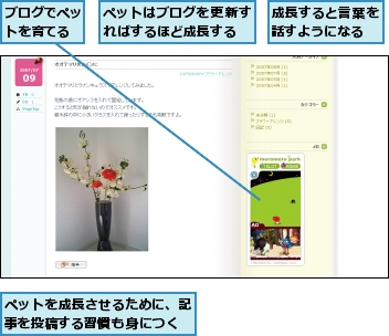 ブログでペットを育てる,ペットはブログを更新すればするほど成長する,ペットを成長させるために、記事を投稿する習慣も身につく,成長すると言葉を話すようになる