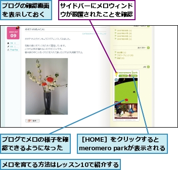 サイドバーにメロウィンドウが設置されたことを確認,ブログでメロの様子を確認できるようになった,ブログの確認画面を表示しておく,メロを育てる方法はレッスン10で紹介する,［HOME］をクリックするとmeromero parkが表示される
