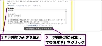 1 利用規約の内容を確認,2 ［利用規約に同意して登録する］をクリック