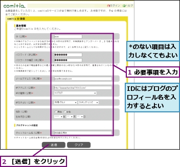 *のない項目は入力しなくてもよい,1 必要事項を入力,2 ［送信］をクリック,IDにはブログのプロフィール名を入力するとよい