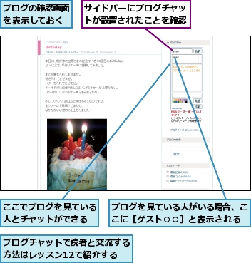 ここでブログを見ている人とチャットができる,サイドバーにブログチャットが設置されたことを確認,ブログの確認画面を表示しておく,ブログを見ている人がいる場合、ここに［ゲスト○○］と表示される,ブログチャットで読者と交流する方法はレッスン12で紹介する