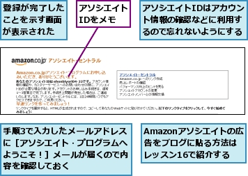 Amazonアソシエイトの広告をブログに貼る方法はレッスン16で紹介する,アソシエイトIDはアカウント情報の確認などに利用するので忘れないようにする,アソシエイトIDをメモ,手順3で入力したメールアドレスに［アソシエイト・プログラムへようこそ！］メールが届くので内容を確認しておく,登録が完了したことを示す画面が表示された