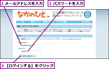1 メールアドレスを入力,2 パスワードを入力,3 ［ログインする］をクリック
