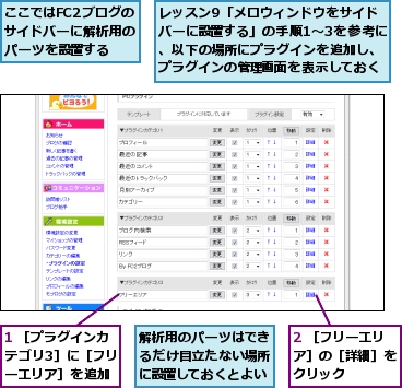 1 ［プラグインカテゴリ3］に［フリーエリア］を追加,2 ［フリーエリア］の［詳細］をクリック,ここではFC2ブログのサイドバーに解析用のパーツを設置する,レッスン9「メロウィンドウをサイドバーに設置する」の手順1〜3を参考に、以下の場所にプラグインを追加し、プラグインの管理画面を表示しておく,解析用のパーツはできるだけ目立たない場所に設置しておくとよい