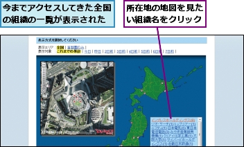 今までアクセスしてきた全国の組織の一覧が表示された,所在地の地図を見たい組織名をクリック