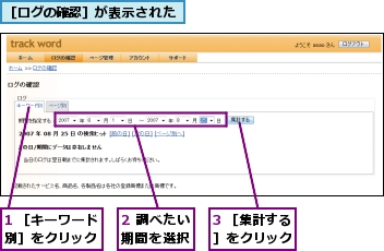 1 ［キーワード別］をクリック,2 調べたい期間を選択,3 ［集計する］をクリック,［ログの確認］が表示された