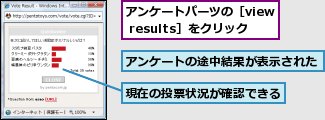 アンケートの途中結果が表示された,アンケートパーツの［view results］をクリック,現在の投票状況が確認できる