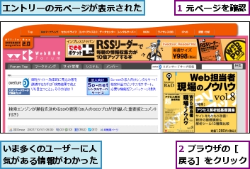 1 元ページを確認,2 ブラウザの［戻る］をクリック,いま多くのユーザーに人気がある情報がわかった,エントリーの元ページが表示された