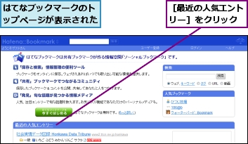 はてなブックマークのトップページが表示された,［最近の人気エントリー］をクリック