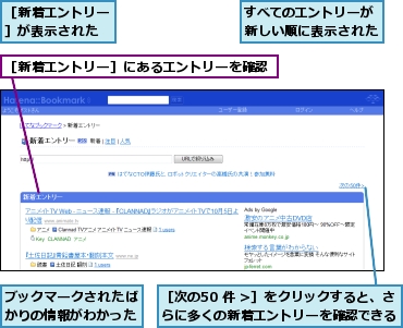 すべてのエントリーが新しい順に表示された,ブックマークされたばかりの情報がわかった,［新着エントリー］が表示された,［新着エントリー］にあるエントリーを確認,［次の50 件 />］をクリックすると、さらに多くの新着エントリーを確認できる