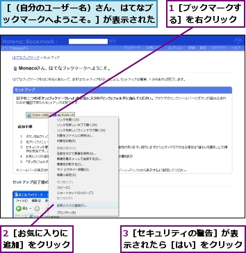 1［ブックマークする］を右クリック,2［お気に入りに追加］をクリック,3［セキュリティの警告］が表示されたら［はい］をクリック,［（自分のユーザー名）さん、はてなブックマークへようこそ。］が表示された