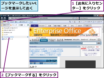 1［お気に入りセンター］をクリック,2［ブックマークする］をクリック,ブックマークしたいページを表示しておく
