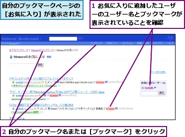 1 お気に入りに追加したユーザーのユーザー名とブックマークが表示されていることを確認,2 自分のブックマーク名または［ブックマーク］をクリック,自分のブックマークページの［お気に入り］が表示された