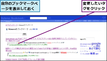 変更したいタグをクリック,自分のブックマークページを表示しておく