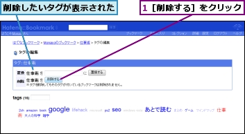 1［削除する］をクリック,削除したいタグが表示された