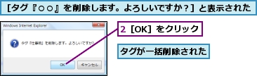 2［OK］をクリック,タグが一括削除された,［タグ『○○』を削除します。よろしいですか？］と表示された