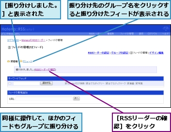 同様に操作して、ほかのフィードもグループに振り分ける,振り分け先のグループ名をクリックすると振り分けたフィードが表示される,［RSSリーダーの確認］をクリック,［振り分けしました。］と表示された