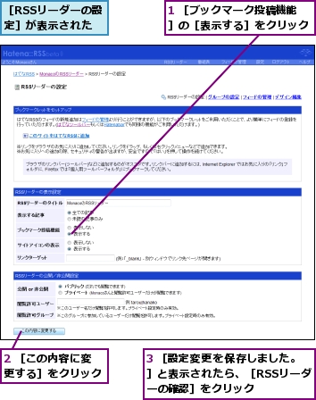 1 ［ブックマーク投稿機能］の［表示する］をクリック,2 ［この内容に変更する］をクリック,3 ［設定変更を保存しました。］と表示されたら、［RSSリーダーの確認］をクリック,［RSSリーダーの設定］が表示された