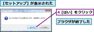 4［はい］をクリック,ブラウザが終了した,［セットアップ］が表示された