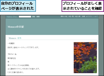 プロフィールが正しく表示されていることを確認,自分のプロフィールページが表示された