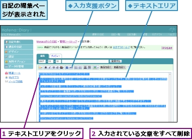 1 テキストエリアをクリック,2 入力されている文章をすべて削除,日記の編集ページが表示された