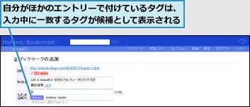 自分がほかのエントリーで付けているタグは、入力中に一致するタグが候補として表示される