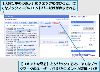 ［コメントを見る］をクリックすると、はてなブックマークのユーザーが付けたコメントが表示される,［人気記事のみ表示］にチェックを付けると、はてなブックマークのエントリーだけが表示される