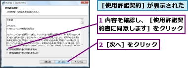 1 内容を確認し、［使用許諾契約書に同意します］をクリック,2［次へ］をクリック,［使用許諾契約］が表示された