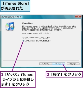 1［いいえ。iTunes ライブラリに移動します］をクリック,2［終了］をクリック,［iTunes Store］が表示された