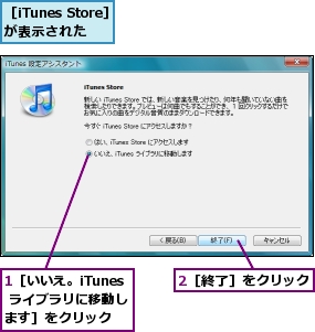 1［いいえ。iTunes ライブラリに移動します］をクリック,2［終了］をクリック,［iTunes Store］が表示された