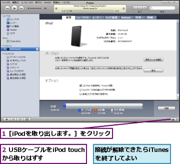 1［iPodを取り出します。］をクリック,2 USBケーブルをiPod touchから取りはずす,接続が解除できたらiTunesを終了してよい