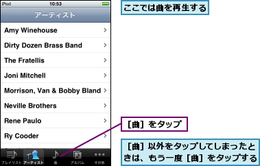 ここでは曲を再生する,［曲］をタップ,［曲］以外をタップしてしまったときは、もう一度［曲］をタップする