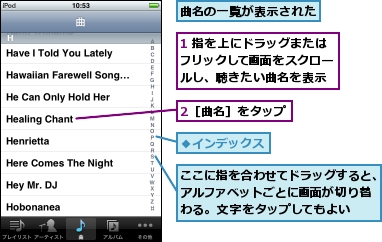 1 指を上にドラッグまたはフリックして画面をスクロールし、聴きたい曲名を表示,2［曲名］をタップ,ここに指を合わせてドラッグすると、アルファベットごとに画面が切り替わる。文字をタップしてもよい,曲名の一覧が表示された