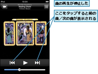 ここをタップすると前の曲／次の曲が表示される,曲の再生が停止した