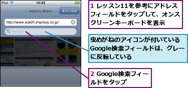 1 レッスン11を参考にアドレスフィールドをタップして、オンスクリーンキーボードを表示,2 Google検索フィールドをタップ,虫めがねのアイコンが付いているGoogle検索フィールドは、グレーに反転している