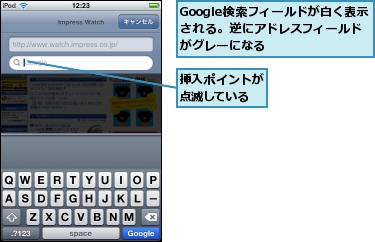 Google検索フィールドが白く表示される。逆にアドレスフィールドがグレーになる,挿入ポイントが点滅している